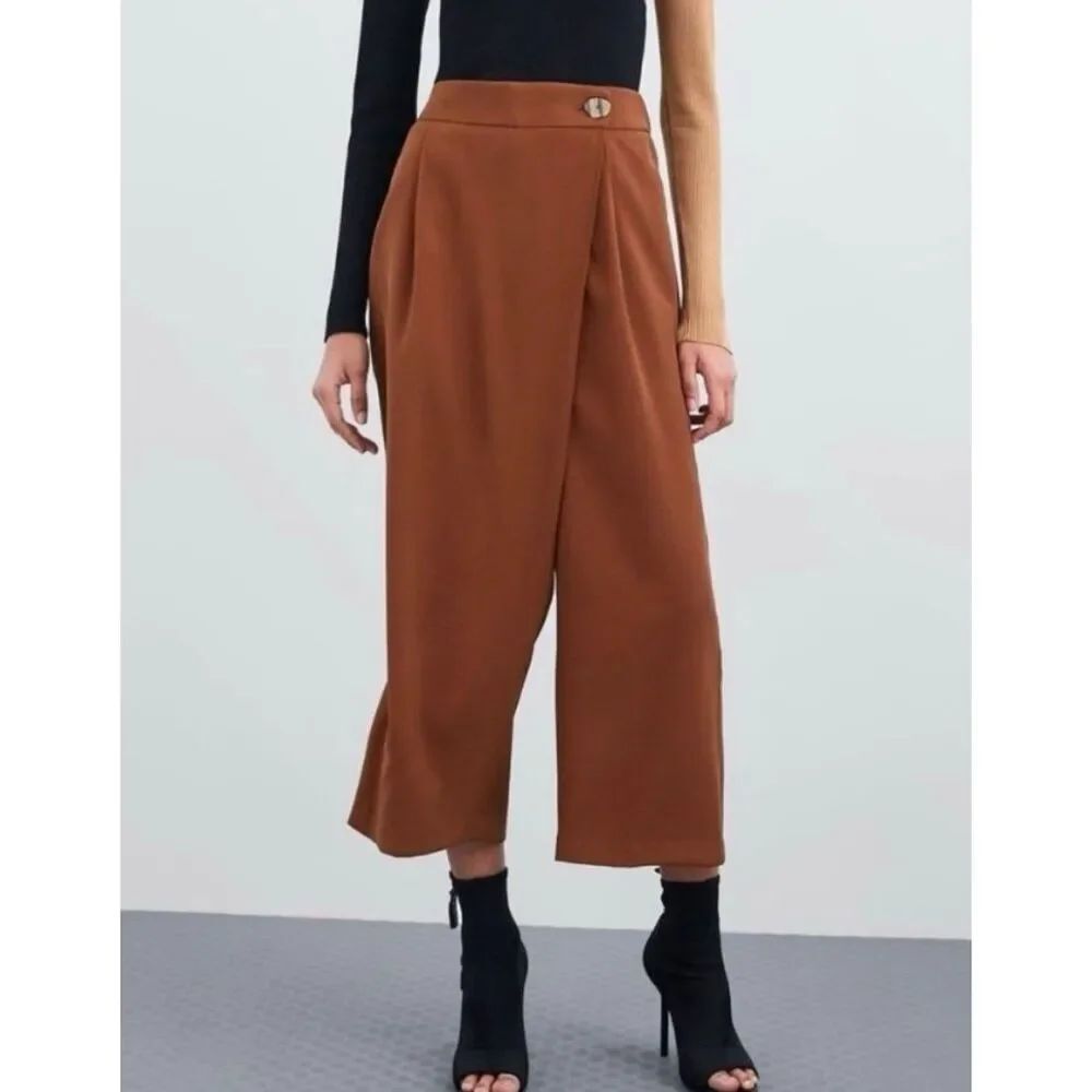 Zara brown cross front wide leg culotte pant size M